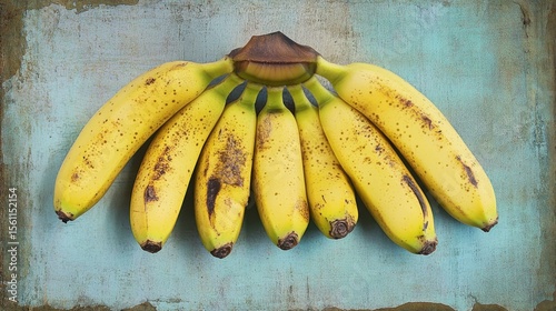 Bunch of seven ripe bananas on rustic tabletop indoors