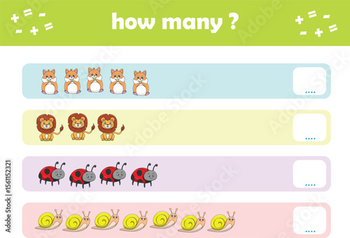 Count and match activity page for kids with cute wild animals. Elementary math for preschool and kindergarten. Vector illustration