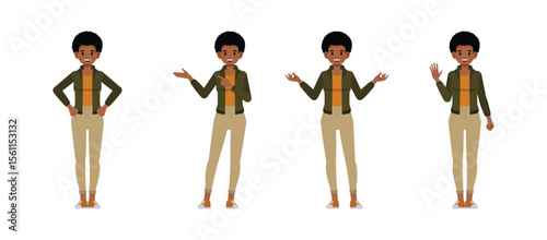 Businesswoman with afro hairstyle wearing green jacket character vector illustration design set. Woman working in office. Presentation in various action.