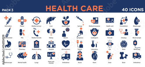 Pack of 40 solid icons representing healthcare, diagnostics, and emergency services.