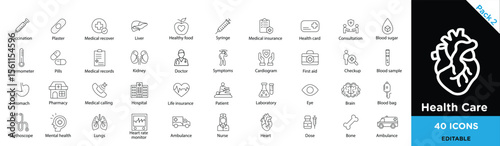 Collection of 40 line icons depicting health services, equipment, and support concepts.