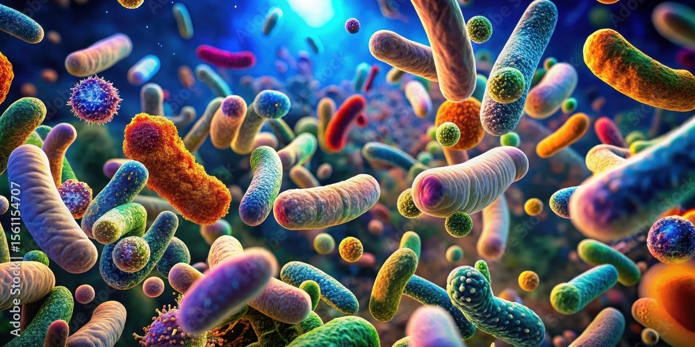 Naklejka premium A vibrant microscopic world teeming with diverse bacilli and cocci, a colorful representation of the intricate bacterial ecosystem