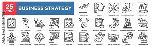 Business Strategy  icon collection set. Containing design achievement, creative, social network, strategic leadership, project plan Simple line vector.