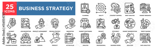 Business Strategy  icon collection set. Containing design analysis,data analytics, strategy control,solution,business model Simple line vector.
