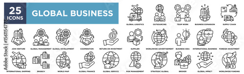 Global Business icon collection set. Containing design strategic global, global impact, worldwide funding, international shipping,global management    
Simple line vector.