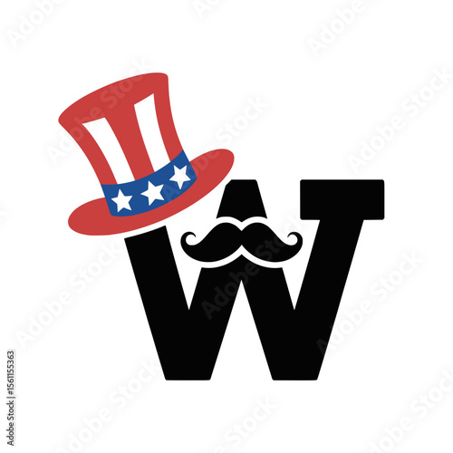 Patriotic Letter W with Mustache and Uncle Sam Hat, Bold letter W illustration with a black mustache and an Uncle Sam top hat, representing American patriotism and festive spirit.


