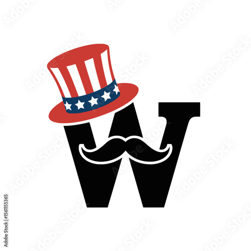 Patriotic Letter W with Mustache and Uncle Sam Hat, Bold letter W illustration with a black mustache and an Uncle Sam top hat, representing American patriotism and festive spirit.

