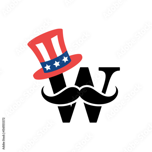 Patriotic Letter W with Mustache and Uncle Sam Hat, Bold letter W illustration with a black mustache and an Uncle Sam top hat, representing American patriotism and festive spirit.

