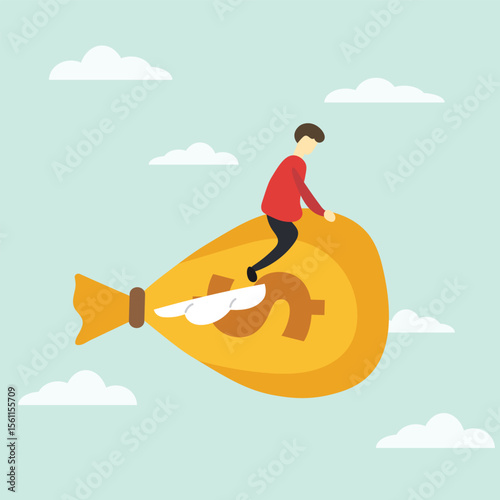 a person riding on a large money bag. man flying with a bag of money. successful man. successful businessman who is enjoying his wealth. suitable for business theme