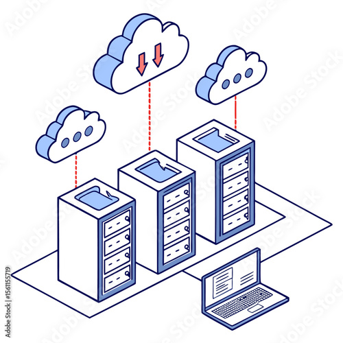 Isometric illustration of cloud computing network with servers and laptop connection shown clearly