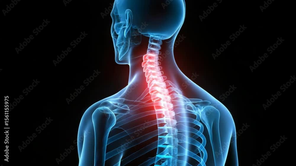 Explore skeletal anatomy showcasing neck pain and spinal inflammation with a focus on injury, discomfort, and the importance of healthcare for cervical spine health. Explore skeletal anatomy showcasing neck pain and spinal inflammation with a focus on injury, discomfort, and the importance of healthcare for cervical spine health.