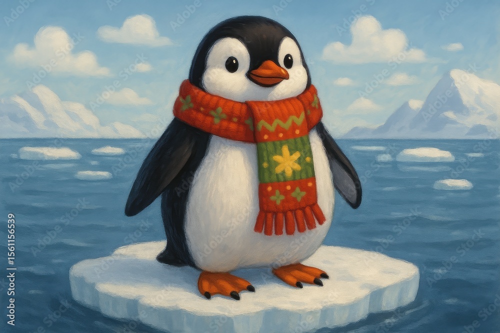 Obraz premium Festive Scarfed Penguin, Christmas, Penguin, Winter, Scarf, Snow, Ice, Xmas, Holiday, Cute, Festive, Christmas Spirit, Snowy Scene