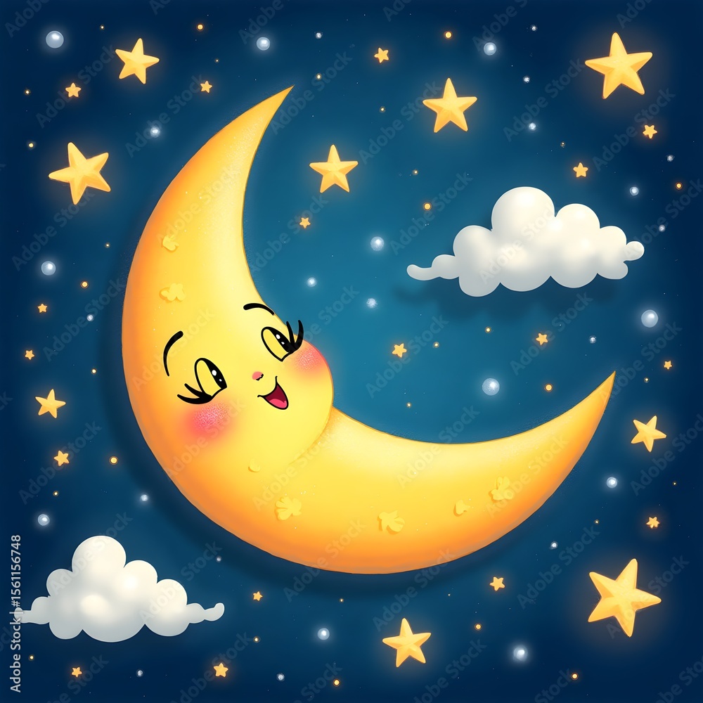 Fototapeta premium A bright, crescent moon with a warm, gentle smile, surrounded by a scattering of twinkling stars of varying sizes