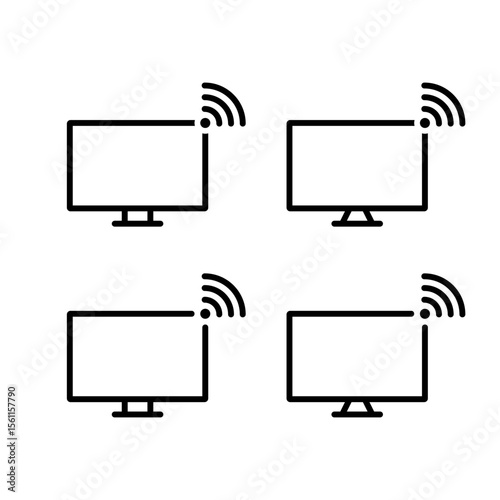 Computer monitor with WiFi signal icon in outline style. Digital connection and wireless display concept