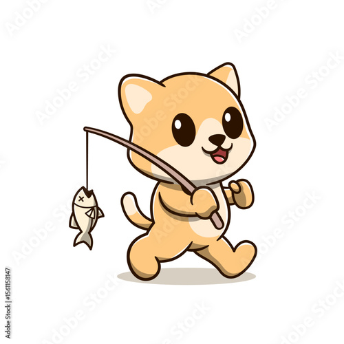 cute cat carrying fishing rod and fish cartoon