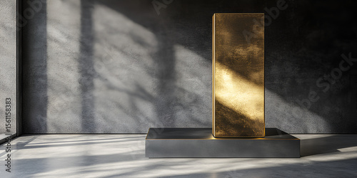 Minimalist Golden Sculpture in Concrete Interior with Sunlight and Shadows

