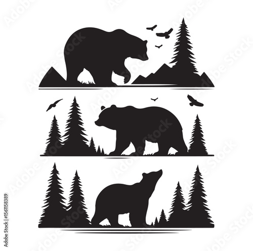 bear silhouettes vector, set of animals Brown grizzl Black vector