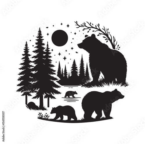 bear silhouettes vector, set of animals Brown grizzl Black vector