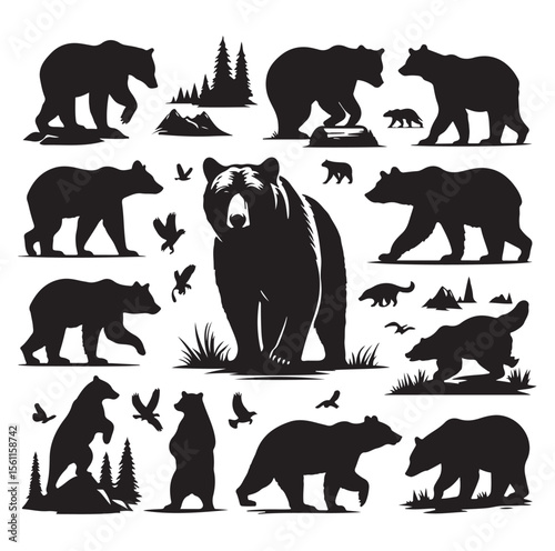 bear silhouettes vector, set of animals Brown grizzl Black vector