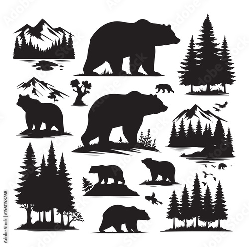 bear silhouettes vector, set of animals Brown grizzl Black vector