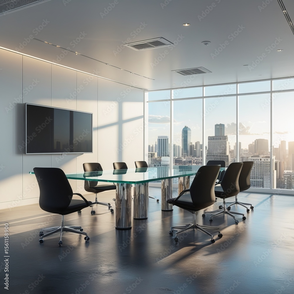 A sleek, modern conference room with a large glass table, ergonomic black chairs, a wall-mounted flat-screen display, minimalistic decor, floor-to-ceiling windows showing a city skyline, and natural s A sleek, modern conference room with a large glass table, ergonomic black chairs, a wall-mounted flat-screen display, minimalistic decor, floor-to-ceiling windows showing a city skyline, and natural s