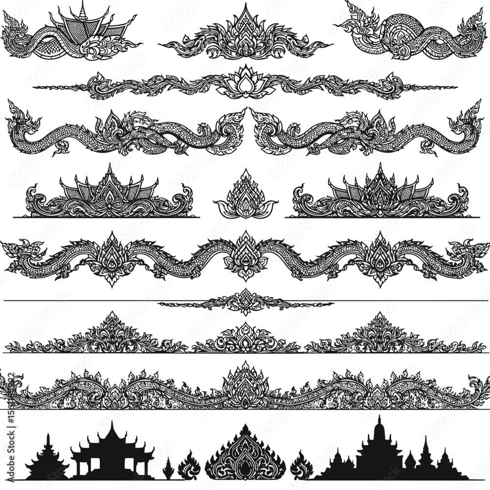 Fototapeta premium Traditional ornamental designs and silhouettes in black and white 