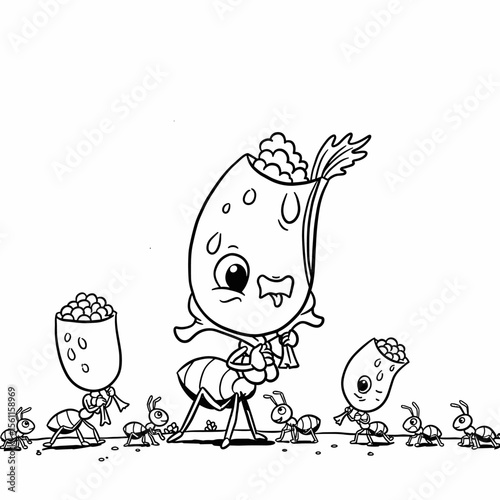 A group of ants haul oversized sacks filled with round items, led by a larger, sweating ant in a comical and determined pose.