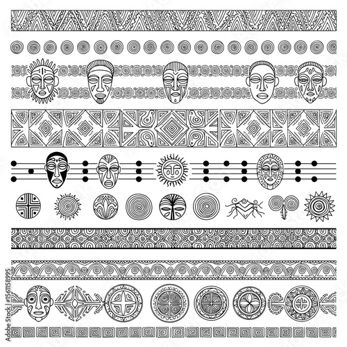 Decorative tribal patterns with masks and geometric designs in black  