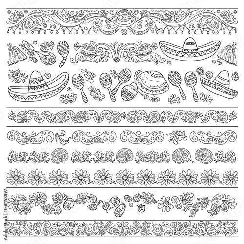 Decorative hand-drawn patterns featuring sombreros and flowers  