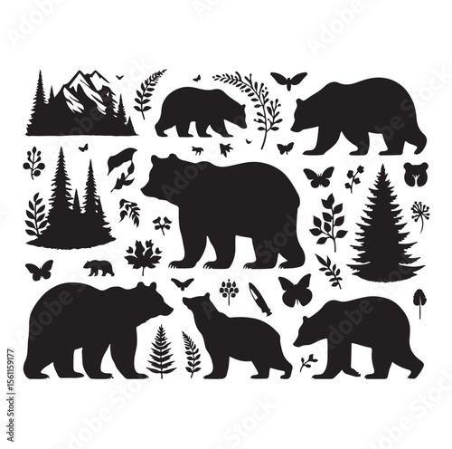 bear silhouettes vector, set of animals Brown grizzl Black vector