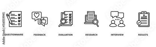 Survey banner web icon vector illustration concept for customer satisfaction questionnaire feedback with icon of evaluation, research, interview and result