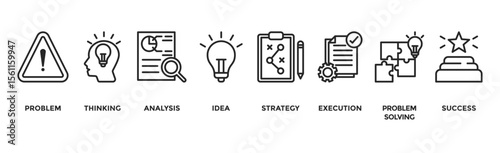 Solution banner web icon vector illustration concept with icons of problem, thinking, analysis, idea, strategy, execution, problem-solving and success icons