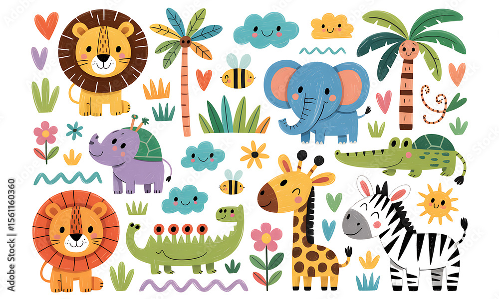 Fototapeta premium Cute Jungle Animals PNG Cartoon Safari Clipart for Kids & DIY Crafts.