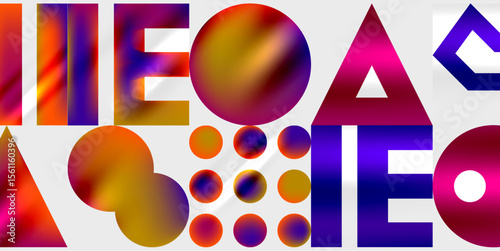 Abstract composition featuring colorful geometric shapes, circles, triangles, text elements against dark background. Vibrant, modern design.