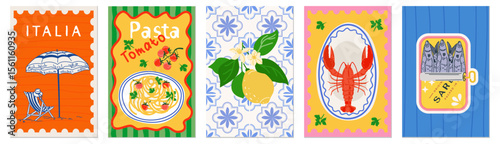Italian summer Mediterranean postage stamps. International illustration featuring Mediterranean Italian blue tiles, lemons, sardines, beach, and lobster for a poster, postcard, or background