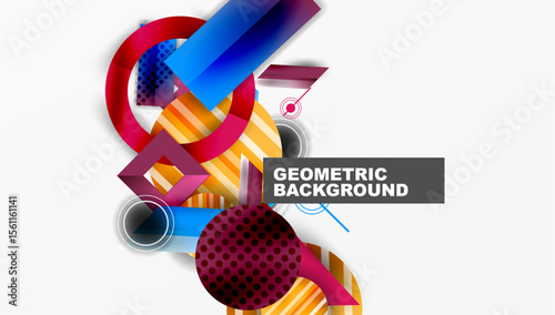 Abstract geometric shapes overlap, creating vibrant colorful design. Modern composition utilizes circles, rectangles, lines.