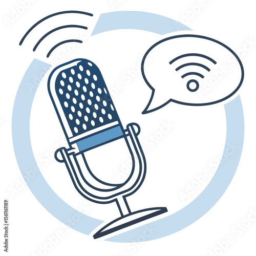 Illustration of a microphone with sound waves and a speech bubble against a circular arrow design element