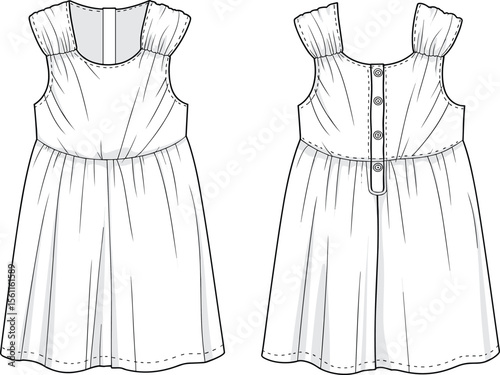 Fashion CAD drawing of sleeveless ruffle shoulder button back dress design, detailed flat vector sketch for technical garment illustration