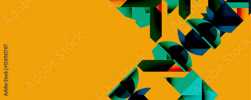 Abstract geometric design. Orange background contrasts with fragmented blue, green shapes. Modern, dynamic composition.