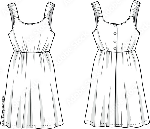 Fashion CAD drawing of sleeveless summer dress with wide shoulder straps, back button closure, clean technical flat vector sketch illustration