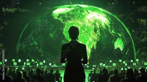 Silhouette of a woman addressing a large audience, with a projected green globe.