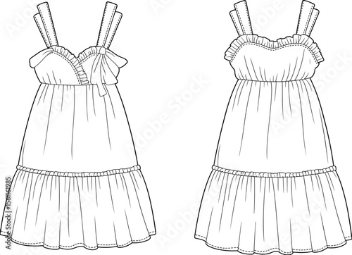 Fashion CAD drawing of sleeveless tiered ruffle dress with double strap, front bow tie, flat vector sketch illustration design