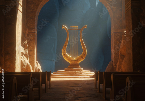 glowing ceremonial lyre in a cliffside hall