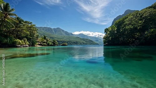 Scenic video of a tropical lagoon featuring crystal clear turquoise water surrounded by lush green vegetation and majestic mountains under a bright blue sky