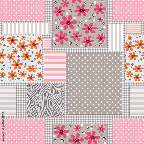 Gray with pink patchwork quilt retro rustic patchwork

