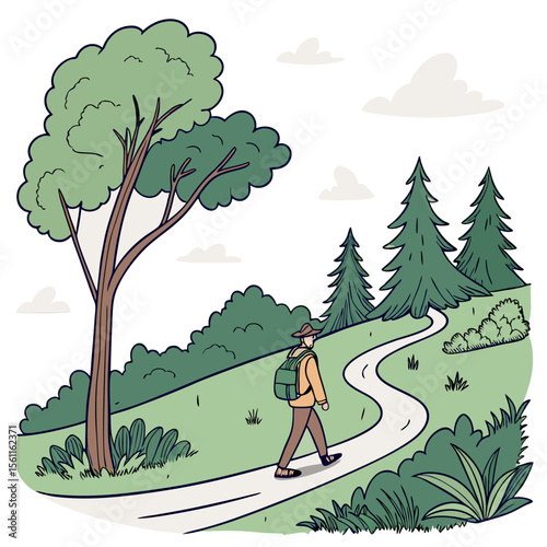 A person with a backpack walking on a path through a green landscape with trees and bushes under a cloudy sky
