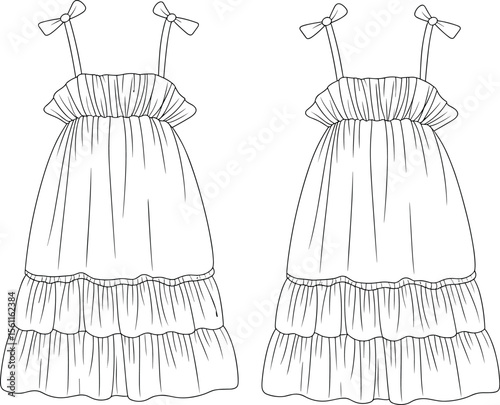 Fashion CAD flat vector drawing illustration of tiered ruffle bow strap summer dress design template front and back view