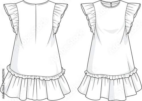 Fashion dress CAD drawing, flat vector illustration, ruffle sleeve short dress design, technical sketch template, front and back view