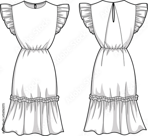 Flat technical CAD drawing vector illustration of frill sleeve tiered long dress with ruffle seam detail front back view design