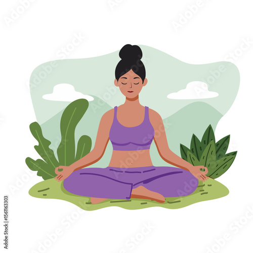Meditating Woman in Purple Outfit Sitting in Green Outdoor Landscape